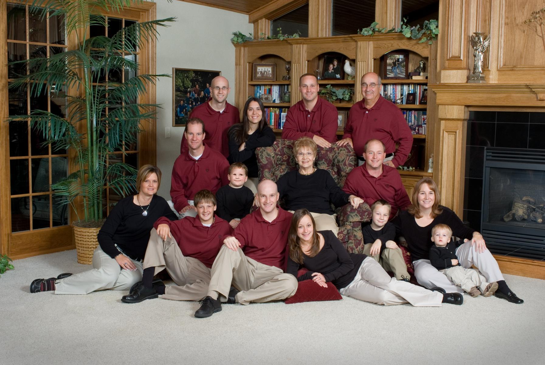 The Albers family chose the convenience of their home for their large extended family picture, by Robertsons' Warehouse Photography, Wichita, KS