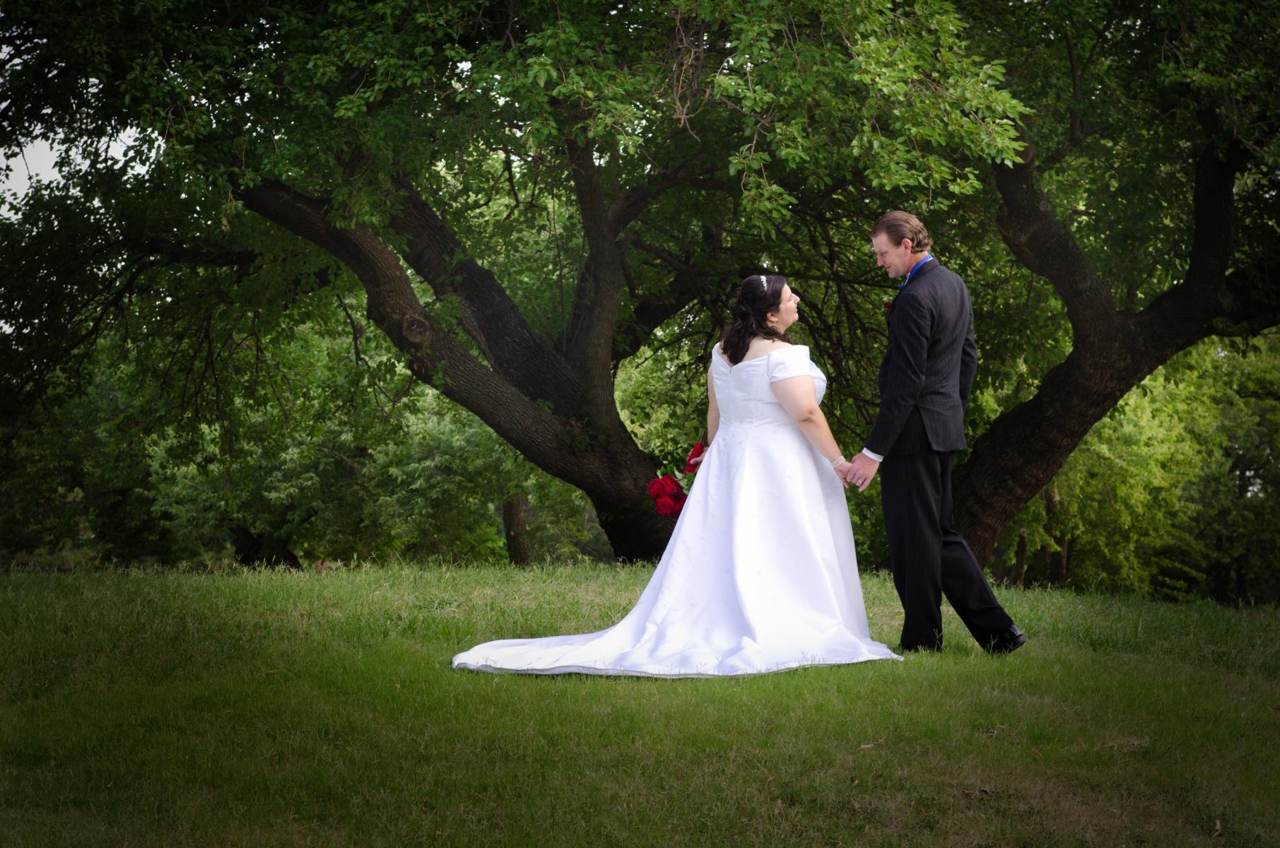 With a Master Photographer's touch an ordinary park scene turns into a pictorial wedding portrait, by Robertsons' Warehouse Photography, Wichita, KS