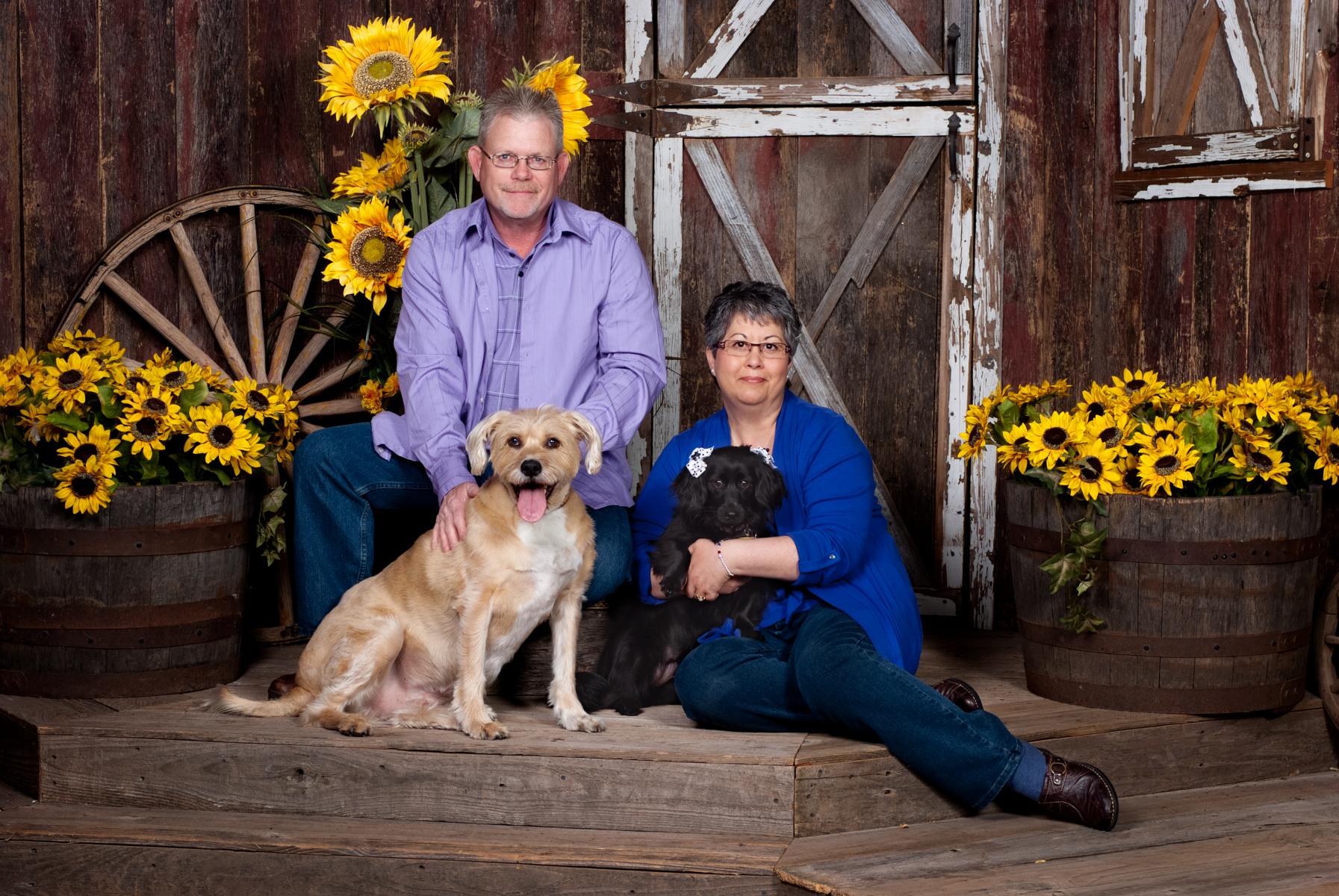 Clayton & Sonia Cowles photographed in a rustic barn adorned with golden sunflowers, by Robertsons' Warehouse Photography, Wichita, KS