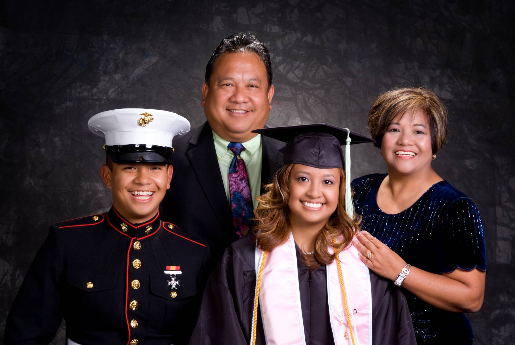 Lim's formal family portrait created in studio to celebrate the achievements of their son and daughter, by Robertsons' Warehouse Photography, Wichita, KS