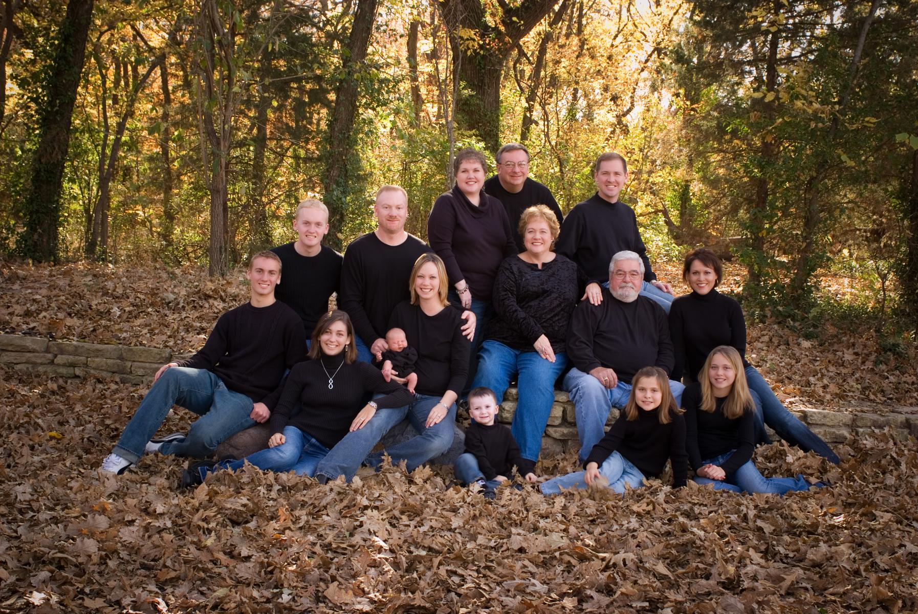 3 generation portrait of the McGonigle family photographed in fall's spendor, by Robertsons' Warehouse Photography, Wichita, KS