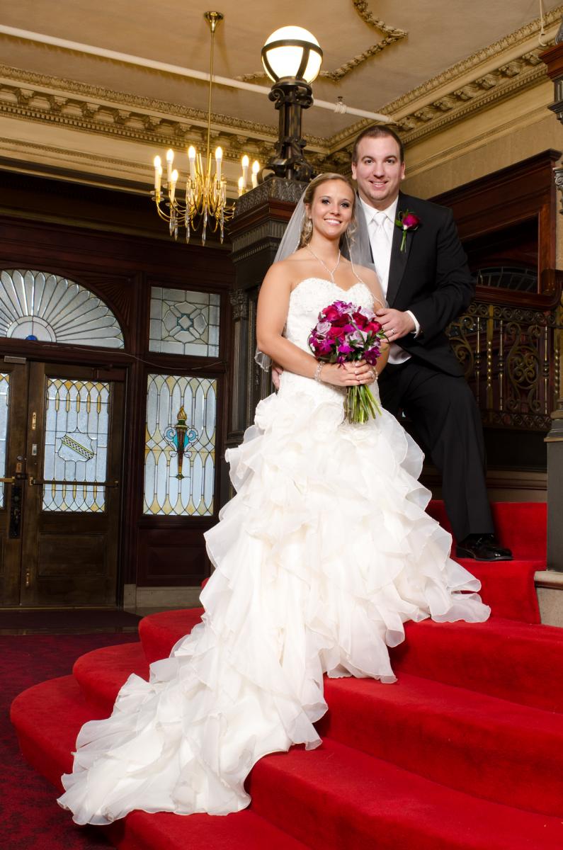A handsome couple photographed inside a luxurious Scottish Rite Center, by Robertsons' Warehouse Photography, Wichita, KS
