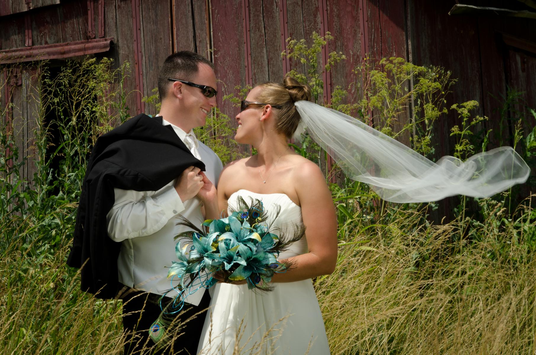Contrast between the rustic rural setting and the finery worn by this wedding couple is captivating, by Robertsons' Warehouse Photography, Wichita, KS